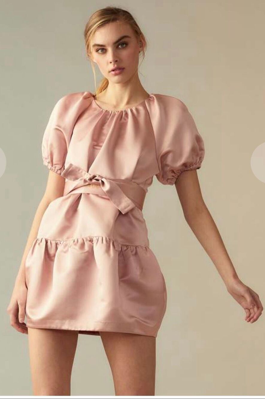 CYNTHIA ROWLEY Tulip Puff-Sleeve Satin Minidress in Mauve NWT Size Large
